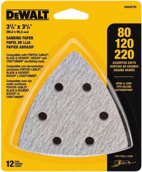 DeWALT - 80, 120 & 220 Grit, Aluminum Oxide TriangleSanding Sheet - 3-1/2" Long x 3-3/4" Wide, Assorted Grade, Weighted Cloth Backing - Exact Tool & Supply