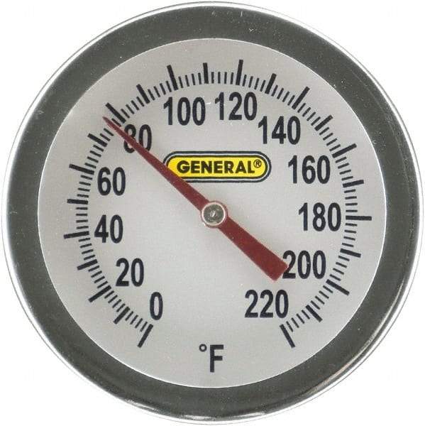 General - 20 Inch Long Stem, 2 Inch Dial Diameter, Back Connected Bi-Metal Thermometer - 220°Fahrenheit - Exact Tool & Supply