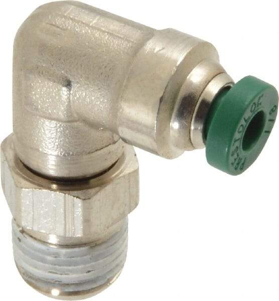 Parker - 1/8" Outside Diam, 1/8 NPTF, Nickel Plated Brass Push-to-Connect Tube Male Swivel Elbow - 300 Max psi, Tube to Male NPT Connection, Buna-N O-Ring - Exact Tool & Supply