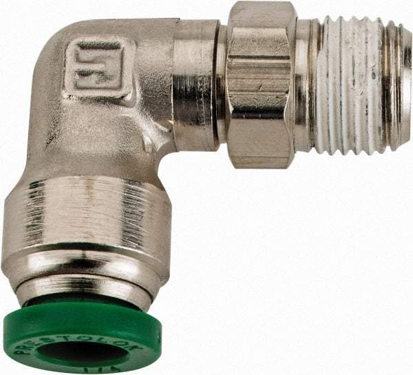 Parker - 1/4" Outside Diam, 1/8 NPTF, Nickel Plated Brass Push-to-Connect Tube Male Swivel Elbow - 300 Max psi, Tube to Male NPT Connection, Buna-N O-Ring - Exact Tool & Supply