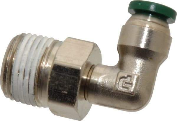 Parker - 1/4" Outside Diam, 3/8 NPTF, Nickel Plated Brass Push-to-Connect Tube Male Swivel Elbow - 300 Max psi, Tube to Male NPT Connection, Buna-N O-Ring - Exact Tool & Supply