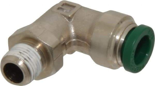 Parker - 5/16" Outside Diam, 1/8 NPTF, Nickel Plated Brass Push-to-Connect Tube Male Swivel Elbow - 300 Max psi, Tube to Male NPT Connection, Buna-N O-Ring - Exact Tool & Supply