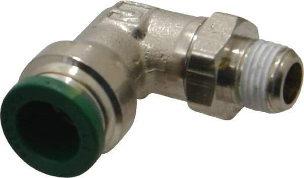Parker - 3/8" Outside Diam, 1/8 NPTF, Nickel Plated Brass Push-to-Connect Tube Male Swivel Elbow - 300 Max psi, Tube to Male NPT Connection, Buna-N O-Ring - Exact Tool & Supply