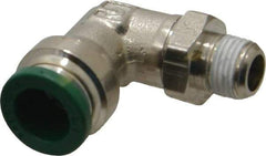 Parker - 3/8" Outside Diam, 1/8 NPTF, Nickel Plated Brass Push-to-Connect Tube Male Swivel Elbow - 300 Max psi, Tube to Male NPT Connection, Buna-N O-Ring - Exact Tool & Supply