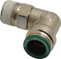 Parker - 1/2" Outside Diam, 3/8 NPTF, Nickel Plated Brass Push-to-Connect Tube Male Swivel Elbow - 300 Max psi, Tube to Male NPT Connection, Buna-N O-Ring - Exact Tool & Supply