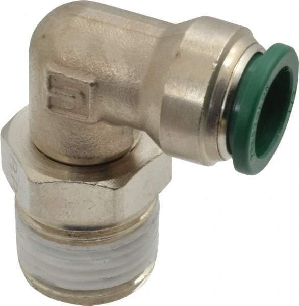 Parker - 1/2" Outside Diam, 1/2 NPTF, Nickel Plated Brass Push-to-Connect Tube Male Swivel Elbow - 300 Max psi, Tube to Male NPT Connection, Buna-N O-Ring - Exact Tool & Supply