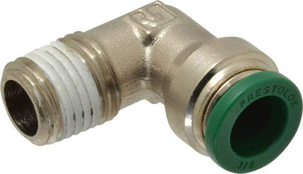 Parker - 3/8" Outside Diam, 1/4 NPTF, Nickel Plated Brass Push-to-Connect Tube Male Elbow - 300 Max psi, Tube to Male NPT Connection, Buna-N O-Ring - Exact Tool & Supply