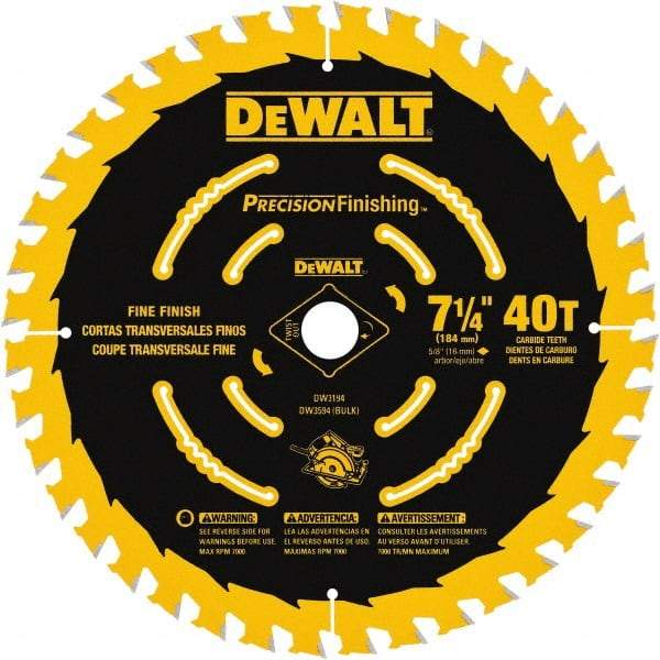 DeWALT - 7-1/4" Diam, 5/8" Arbor Hole Diam, 40 Tooth Wet & Dry Cut Saw Blade - Carbide-Tipped, Diamond Arbor - Exact Tool & Supply