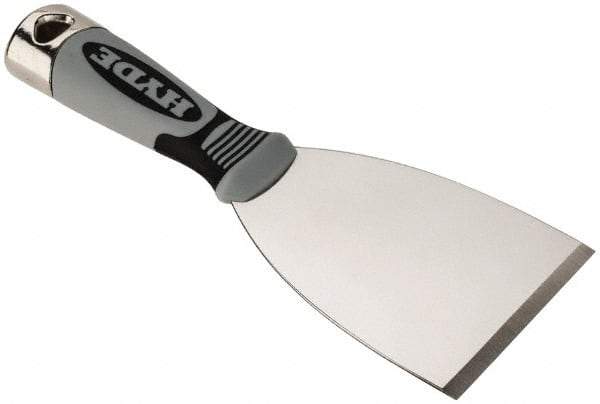 Hyde Tools - Stiff Stainless Steel Putty Scraper - 3" Blade Width x 4" Blade Length, 4-1/4" Long Cushioned Grip Handle - Exact Tool & Supply