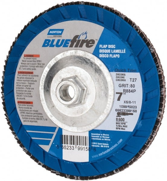 Norton - 7" 80 Grit 5/8-11 Center Hole Type 27 Zirconia Alumina Flap Disc - Exact Tool & Supply