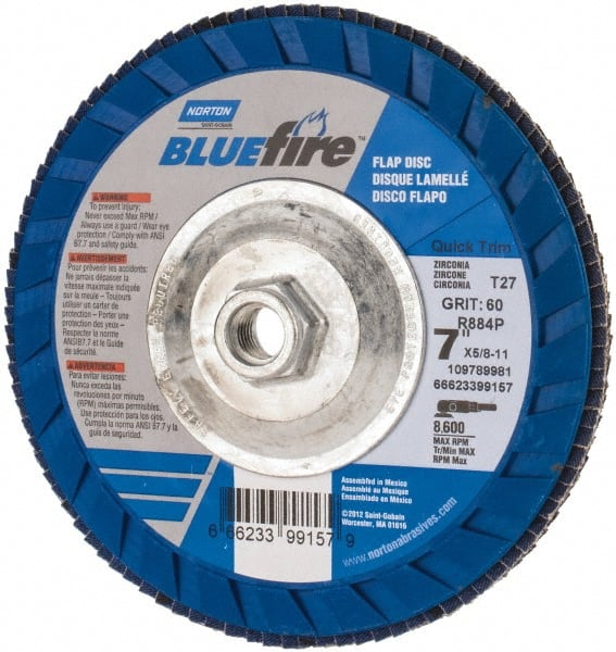 Norton - 7" 60 Grit 5/8-11 Center Hole Type 27 Zirconia Alumina Flap Disc - Exact Tool & Supply
