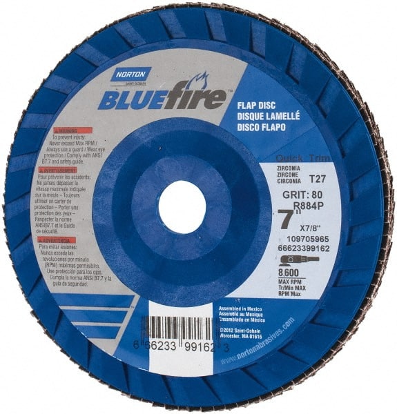 Norton - 7" 80 Grit 7/8" Center Hole Type 27 Zirconia Alumina Flap Disc - Exact Tool & Supply