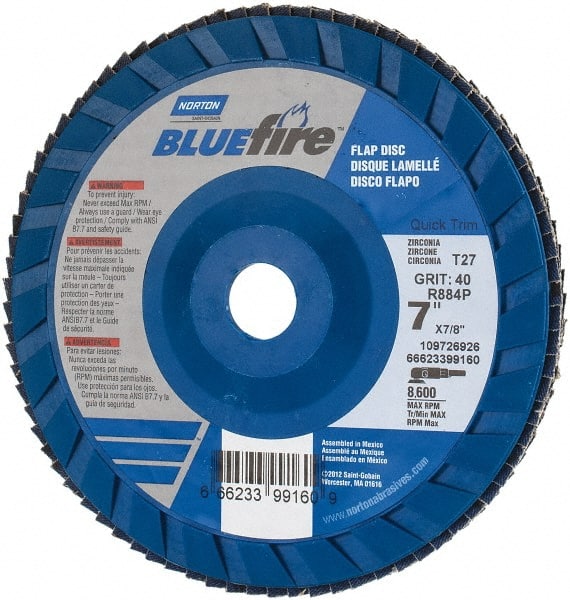 Norton - 7" 40 Grit 7/8" Center Hole Type 27 Zirconia Alumina Flap Disc - Exact Tool & Supply