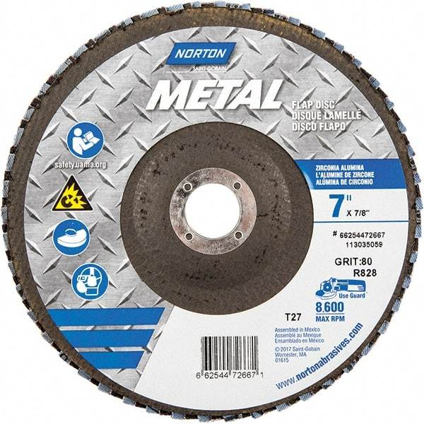 Norton - 80 Grit, 7" Disc Diam, 7/8" Center Hole, Type 27 Zirconia Alumina Flap Disc - 8,600 Max RPM, Fiberglass Backing, Arbor Attaching System, Coated - Exact Tool & Supply