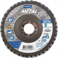 Norton - 60 Grit, 5" Disc Diam, 7/8" Center Hole, Type 29 Zirconia Alumina Flap Disc - 12,000 Max RPM, Fiberglass Backing, Arbor Attaching System, Coated - Exact Tool & Supply