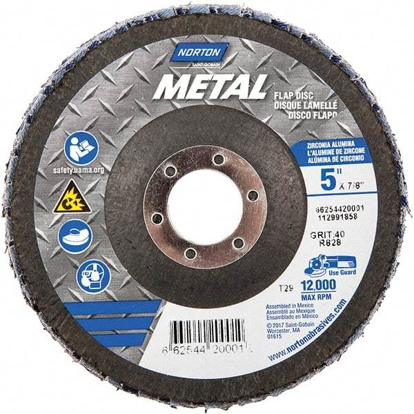 Norton - 40 Grit, 5" Disc Diam, 7/8" Center Hole, Type 29 Zirconia Alumina Flap Disc - 12,000 Max RPM, Fiberglass Backing, Arbor Attaching System, Coated - Exact Tool & Supply