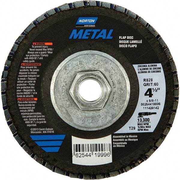 Norton - 80 Grit, 4-1/2" Disc Diam, 5/8-11 Center Hole, Type 29 Zirconia Alumina Flap Disc - 13,300 Max RPM, Fiberglass Backing, Arbor Attaching System, Coated - Exact Tool & Supply
