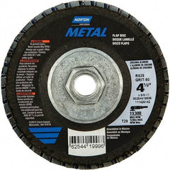 Norton - 80 Grit, 4-1/2" Disc Diam, 5/8-11 Center Hole, Type 29 Zirconia Alumina Flap Disc - 13,300 Max RPM, Fiberglass Backing, Arbor Attaching System, Coated - Exact Tool & Supply