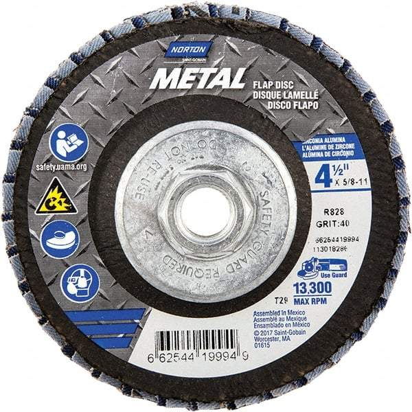 Norton - 40 Grit, 4-1/2" Disc Diam, 5/8-11 Center Hole, Type 29 Zirconia Alumina Flap Disc - 13,300 Max RPM, Fiberglass Backing, Arbor Attaching System, Coated - Exact Tool & Supply