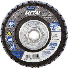 Norton - 40 Grit, 4-1/2" Disc Diam, 5/8-11 Center Hole, Type 29 Zirconia Alumina Flap Disc - 13,300 Max RPM, Fiberglass Backing, Arbor Attaching System, Coated - Exact Tool & Supply