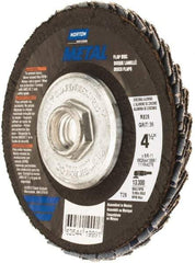 Norton - 36 Grit, 4-1/2" Disc Diam, 5/8-11 Center Hole, Type 29 Zirconia Alumina Flap Disc - 13,300 Max RPM, Fiberglass Backing, Arbor Attaching System, Coated - Exact Tool & Supply
