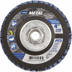 Norton - 60 Grit, 4-1/2" Disc Diam, 5/8-11 Center Hole, Type 27 Zirconia Alumina Flap Disc - 13,300 Max RPM, Fiberglass Backing, Arbor Attaching System, Coated - Exact Tool & Supply