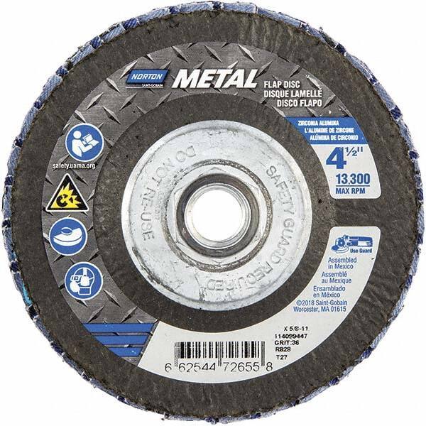 Norton - 36 Grit, 4-1/2" Disc Diam, 5/8-11 Center Hole, Type 27 Zirconia Alumina Flap Disc - 13,300 Max RPM, Fiberglass Backing, Arbor Attaching System, Coated - Exact Tool & Supply