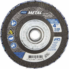 Norton - 36 Grit, 4-1/2" Disc Diam, 5/8-11 Center Hole, Type 27 Zirconia Alumina Flap Disc - 13,300 Max RPM, Fiberglass Backing, Arbor Attaching System, Coated - Exact Tool & Supply