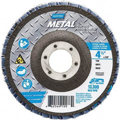 Norton - 80 Grit, 4-1/2" Disc Diam, 7/8" Center Hole, Type 29 Zirconia Alumina Flap Disc - 13,300 Max RPM, Fiberglass Backing, Arbor Attaching System, Coated - Exact Tool & Supply
