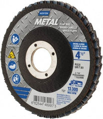 Norton - 80 Grit, 4-1/2" Disc Diam, 7/8" Center Hole, Type 27 Zirconia Alumina Flap Disc - 13,300 Max RPM, Fiberglass Backing, Arbor Attaching System, Coated - Exact Tool & Supply