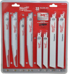 Milwaukee Tool - 32 Piece, 6" to 9" Long x 0.04" to 0.05" Thick, Bi-Metal Reciprocating Saw Blade Set - Straight Profile, 5-8 to 24 Teeth per Inch, Toothed Edge - Exact Tool & Supply