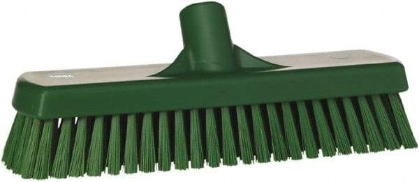 Vikan - 1.7" Bristle Length, Polyester Scrub Brush - 11-1/4" Long x 3" Wide Head, 12" OAL, European Threaded Handle, Green, Polypropylene Block - Exact Tool & Supply