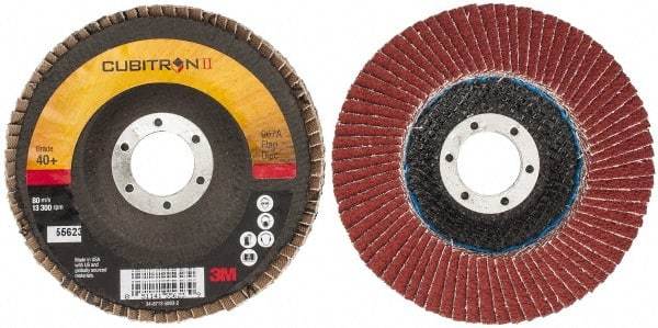 3M - 40 Grit, 4-1/2" Disc Diam, 7/8" Center Hole, Type 29 Ceramic Flap Disc - 13,300 Max RPM, Cloth Backing, Arbor Attaching System, Coated - Exact Tool & Supply