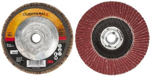3M - 40 Grit, 4-1/2" Disc Diam, 5/8-11 Center Hole, Type 29 Ceramic Flap Disc - 13,300 Max RPM, Cloth Backing, Arbor Attaching System, Coated - Exact Tool & Supply