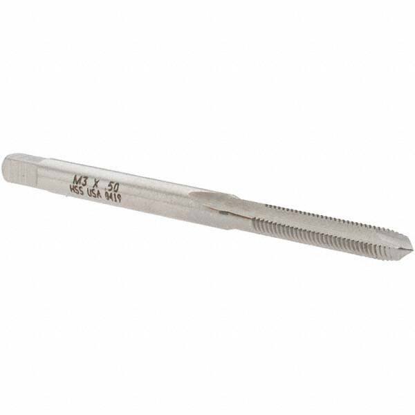 Made in USA - M3x0.50 Metric Coarse, 2 Flute, High Speed Steel Spiral Point Tap - Plug Chamfer, Right Hand Thread, 1-15/16" OAL - Exact Tool & Supply