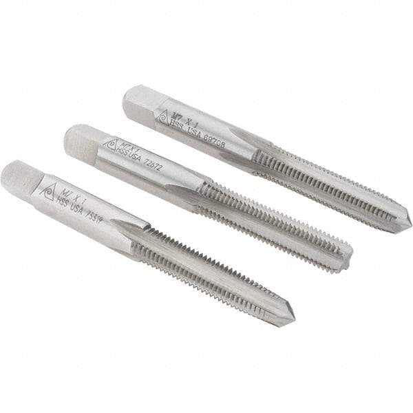 Made in USA - M7x1.00 Metric Coarse, 4 Flute, Bottoming, Plug & Taper, Bright Finish, High Speed Steel Tap Set - Right Hand Cut, 2-23/32" OAL, 1-1/8" Thread Length - Exact Tool & Supply