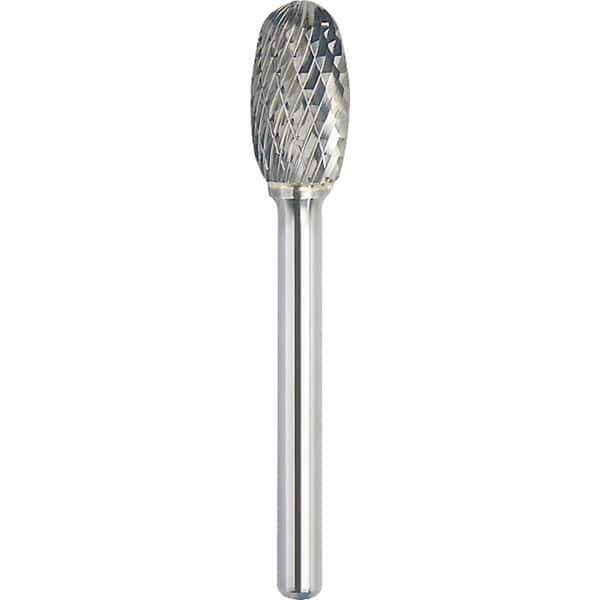 Made in USA - 3/8" Cut Diam, 1/4" Shank Diam, Oval Head Double Cut Burr - Carbide, 5/8" LOC, 2-3/8" OAL - Exact Tool & Supply