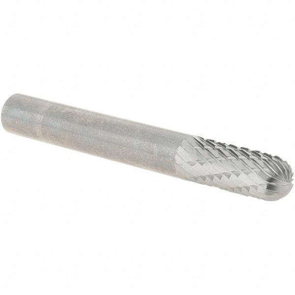 Made in USA - 1/4" Cut Diam, 1/4" Shank Diam, Cylinder with Radius Head Double Cut Burr - Carbide, Radius End, 5/8" LOC, 2" OAL - Exact Tool & Supply