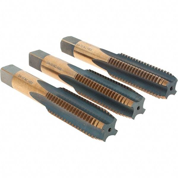Import - 3/4-10 UNC, 4 Flute, Bottoming, Plug & Taper, Oxide/Gold Finish, High Speed Steel Tap Set - 4-1/4" OAL - Exact Tool & Supply