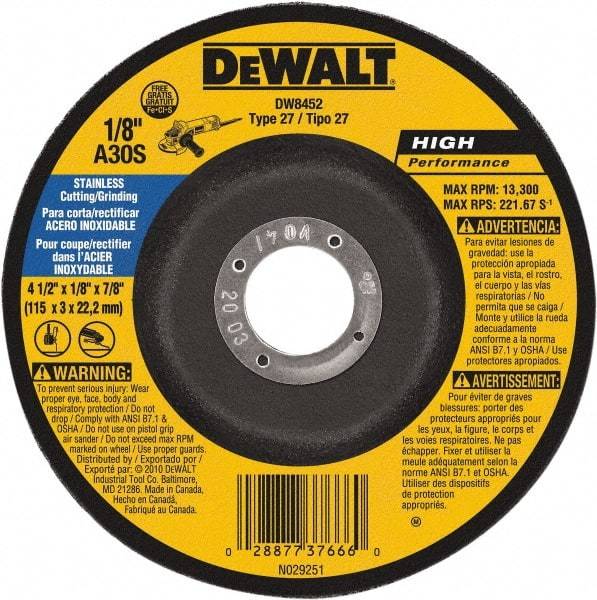 DeWALT - 30 Grit, 4-1/2" Wheel Diam, 1/8" Wheel Thickness, 7/8" Arbor Hole, Type 27 Depressed Center Wheel - Aluminum Oxide, 13,300 Max RPM, Compatible with Angle Grinder - Exact Tool & Supply
