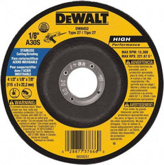 DeWALT - 30 Grit, 4-1/2" Wheel Diam, 1/8" Wheel Thickness, 7/8" Arbor Hole, Type 27 Depressed Center Wheel - Aluminum Oxide, 13,300 Max RPM, Compatible with Angle Grinder - Exact Tool & Supply