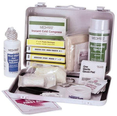 Medique - 24 Piece, 10 Person, Multipurpose/Auto/Travel First Aid Kit - 9-1/2" Wide x 2-3/4" Deep x 6-3/4" High, Metal Case - Exact Tool & Supply