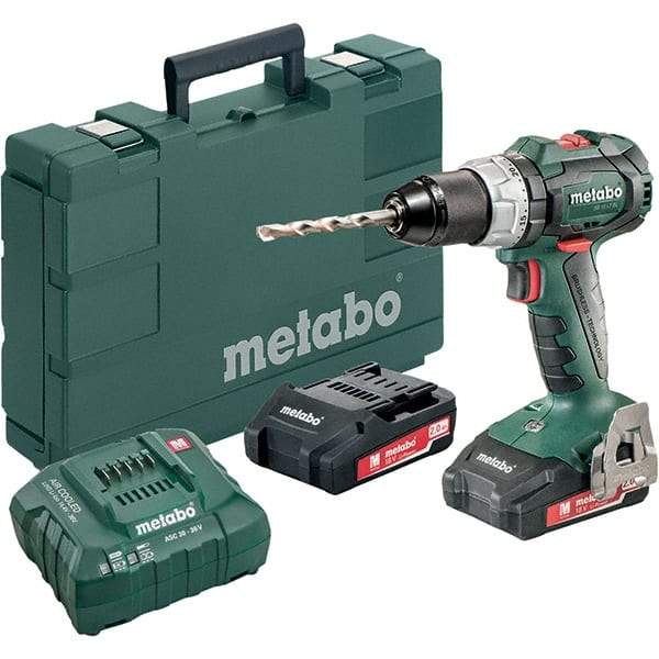 Metabo - 18 Volt 1/16 to 1/2" Keyless Chuck Cordless Hammer Drill - 31950 BPM, 600 to 2,100 RPM, Reversible, Pistol Grip Handle - Exact Tool & Supply