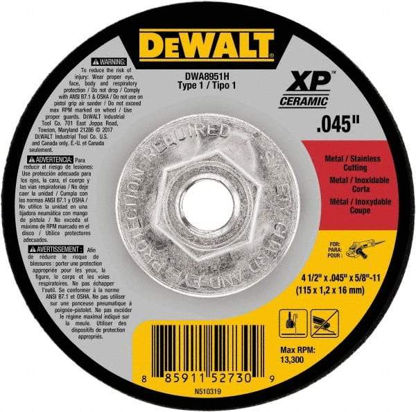 DeWALT - 4-1/2" Ceramic Cutoff Wheel - 0.045" Thick, 5/8-11 Arbor, 13,300 Max RPM, Use with Angle Grinders - Exact Tool & Supply