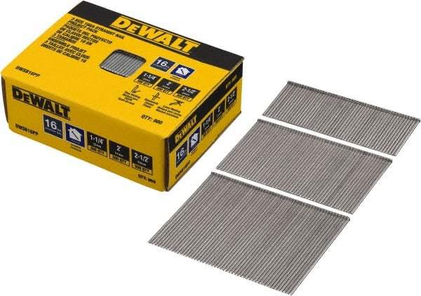 DeWALT - 16 Gauge 2-1/2" Long Finishing Nails for Power Nailers - Steel, Bright Finish, Smooth Shank, Angled Stick Collation, Round Head, Chisel Point - Exact Tool & Supply