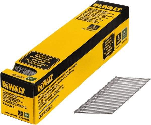 DeWALT - 15 Gauge 2" Long Finishing Nails for Power Nailers - Steel, Galvanized Finish, Smooth Shank, Angled Stick Collation, Round Head, Chisel Point - Exact Tool & Supply