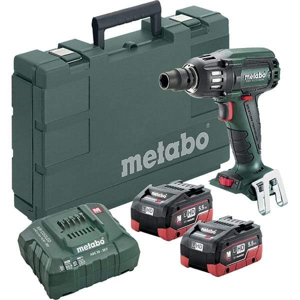 Metabo - 1/2" Drive 18 Volt Pistol Grip Cordless Impact Wrench & Ratchet - 2,150 RPM, 0 to 4,250 BPM, 295 Ft/Lb Torque, 2 Lithium-Ion Batteries Included - Exact Tool & Supply