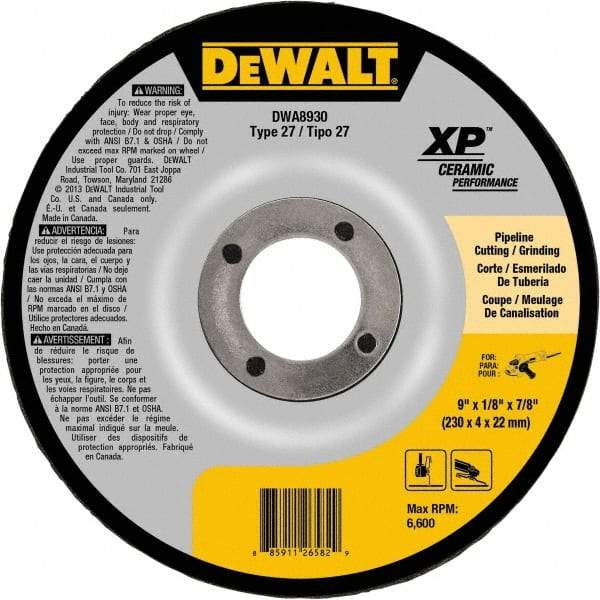 DeWALT - 24 Grit, 9" Wheel Diam, 7/8" Arbor Hole, Type 27 Depressed Center Wheel - Coarse/Medium Grade, Ceramic, N Hardness, 6,600 Max RPM - Exact Tool & Supply