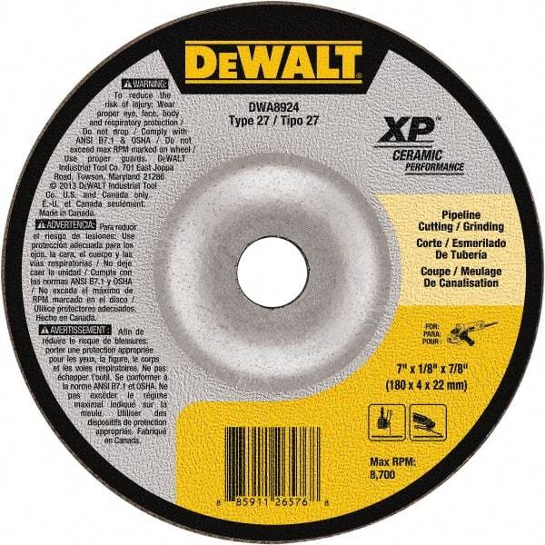 DeWALT - 24 Grit, 7" Wheel Diam, 7/8" Arbor Hole, Type 27 Depressed Center Wheel - Coarse/Medium Grade, Ceramic, N Hardness, 8,700 Max RPM - Exact Tool & Supply