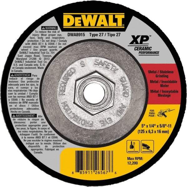 DeWALT - 24 Grit, 5" Wheel Diam, Type 27 Depressed Center Wheel - Coarse/Medium Grade, Ceramic, N Hardness, 12,200 Max RPM - Exact Tool & Supply